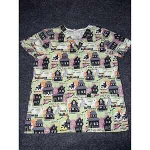 Tafford Halloween Scrub Top Small Green Haunted House Witch NPT69H-SPKT